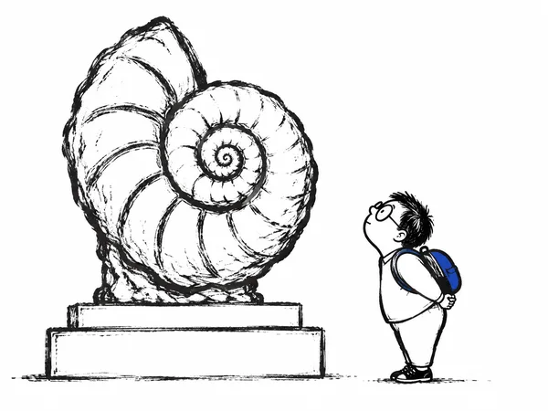 A schoolchild with round glasses and a blue backpack leans forward with hands behind their back to look up at a large spiral ammonite fossil on a two-tier…