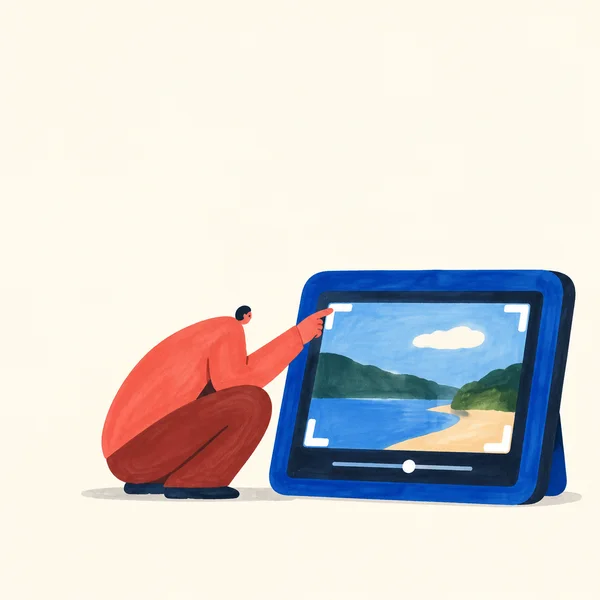A coral-clad person crouches beside an oversized cobalt tablet, reaching to a crop corner on a screen showing a lake landscape; the illustration sits low…