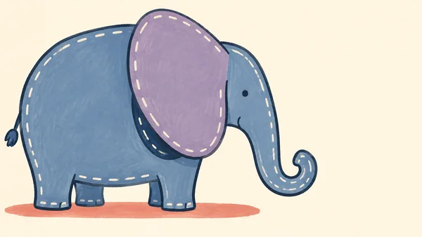 A hand-drawn blue elephant faces right on a warm cream background, with an oversized lavender ear, a curled trunk, dashed stitch details and a muted coral…