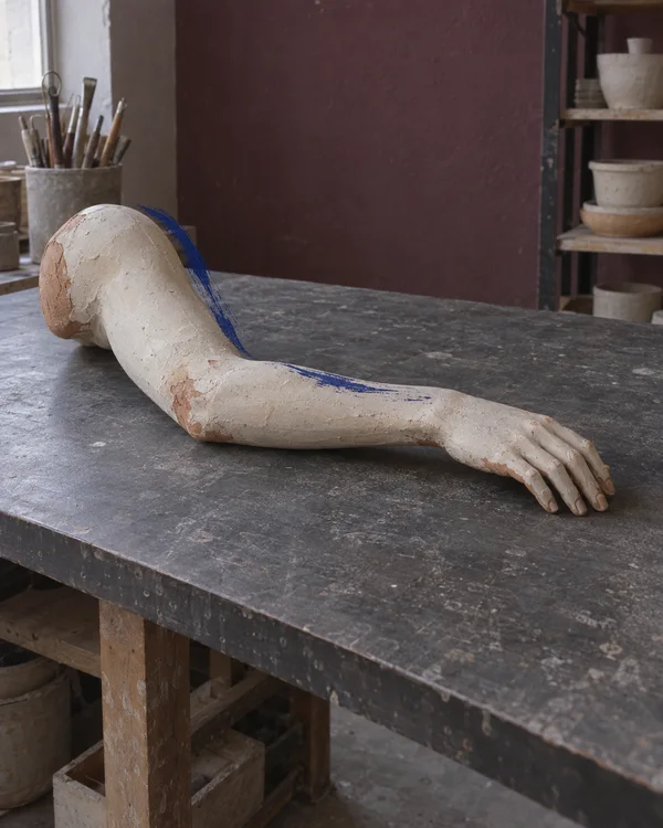 A chalk-white ceramic arm with exposed terracotta-colored patches rests diagonally across a dark-gray workbench in a ceramics studio.