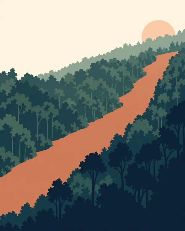 A broad terracotta strip of bare soil curves uphill through dense wooded hills, with layered teal and sage tree silhouettes and a pale-peach sun partly behind…