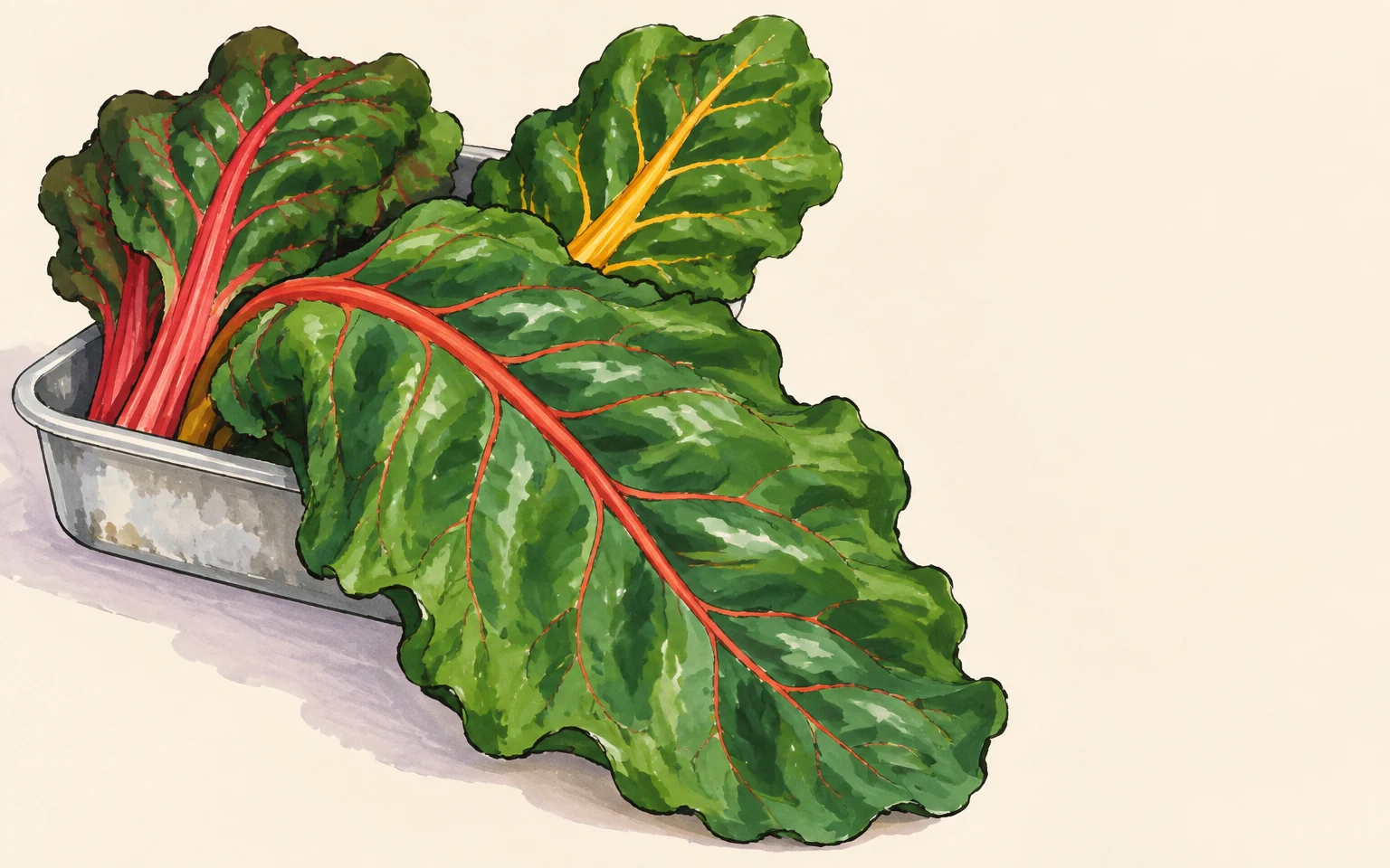 A large bunch of Swiss chard with broad green leaves and coral-red and golden ribs spills from a shallow grey metal tray on a warm cream surface, with open…