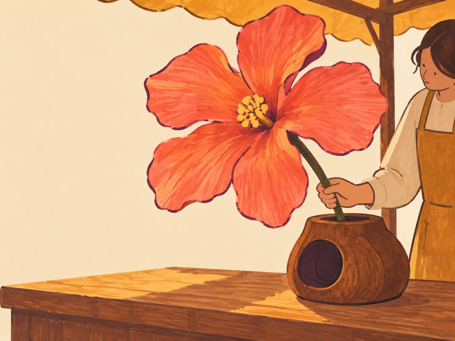 A large coral flower with five broad petals and a yellow centre rises from a carved wooden vessel on a market counter.