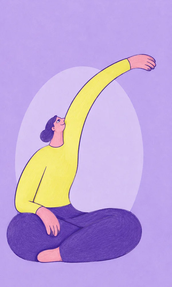 A seated figure in a lemon-yellow top and deep-violet trousers stretches one very long arm overhead against a pale-lilac oval on a lavender background.