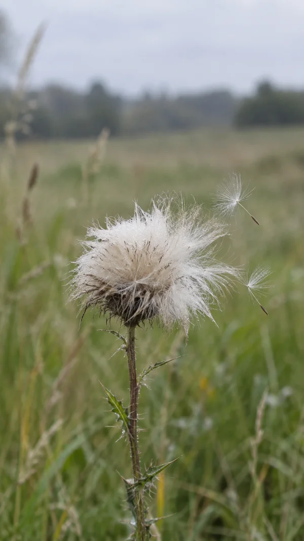 A tousled white thistle seed head on a slender upright stem in a wild meadow, with two loose seeds floating beside it against a softly blurred green and…