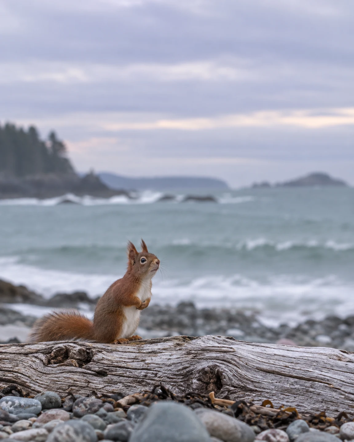 A red squirrel sits upright on a weathered driftwood log above a pebble shore, with softly blurred surf, distant land, and a broad overcast sky behind it.