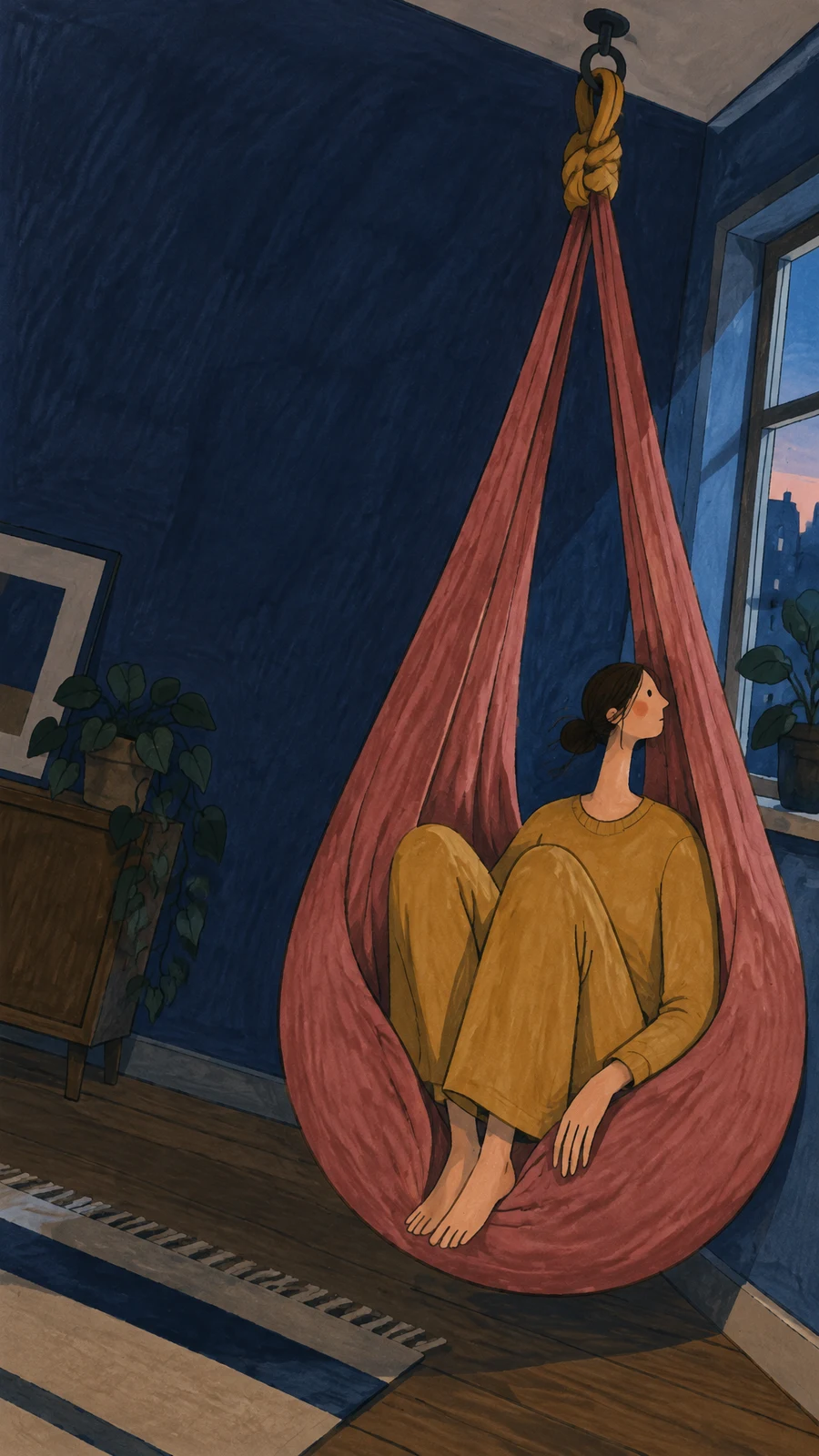 A long-limbed adult in mustard clothing sits with folded knees and bare feet in a rose-colored fabric hanging seat, suspended from a mustard knot and ceiling…