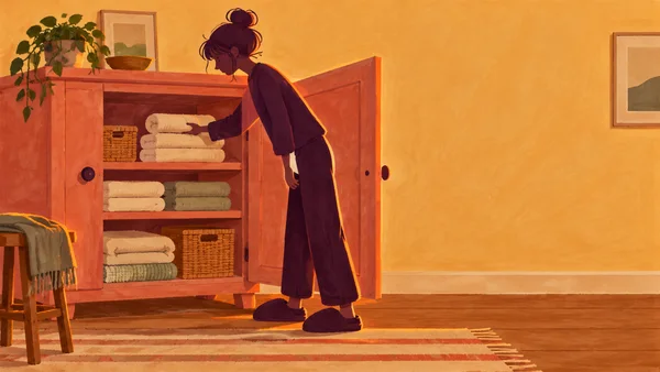 A person in dark plum clothing places a folded towel in an open coral cupboard filled with towels and woven baskets, in a warm amber-toned room with a plant…