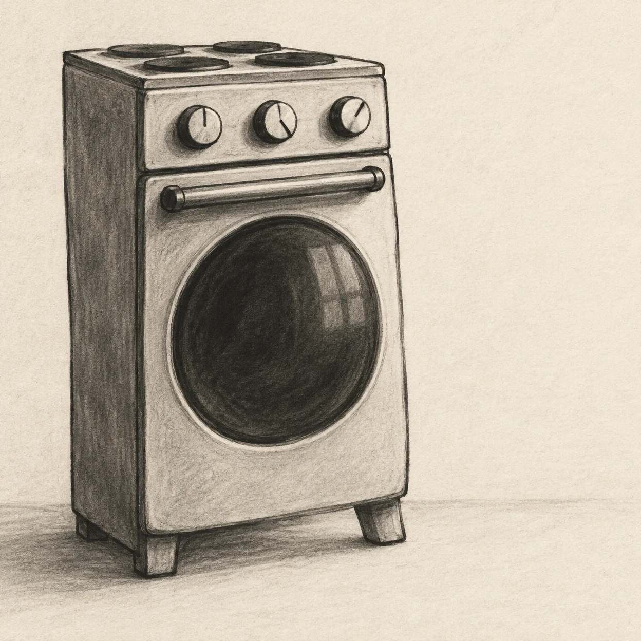 A tall freestanding oven is shown from a slightly low three-quarter angle, with a circular dark-glass door, horizontal handle, three control knobs, a cooktop…