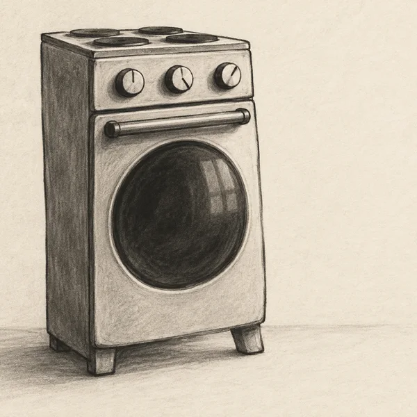 A tall freestanding oven is shown from a slightly low three-quarter angle, with a circular dark-glass door, horizontal handle, three control knobs, a cooktop…