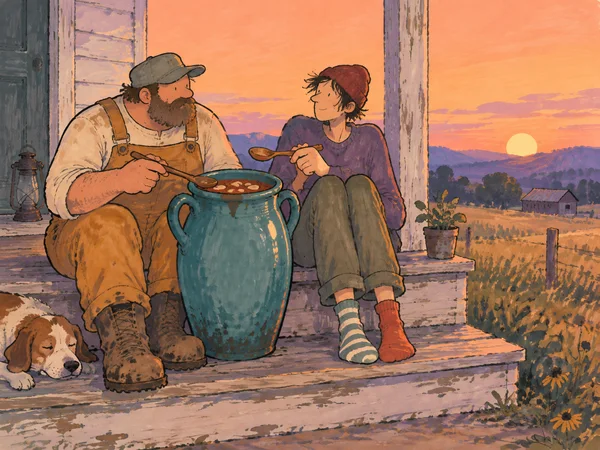 A bearded farmer in ochre overalls and a companion in a red cap sit on a weathered porch step, holding spoons over a large teal pot of bean stew.