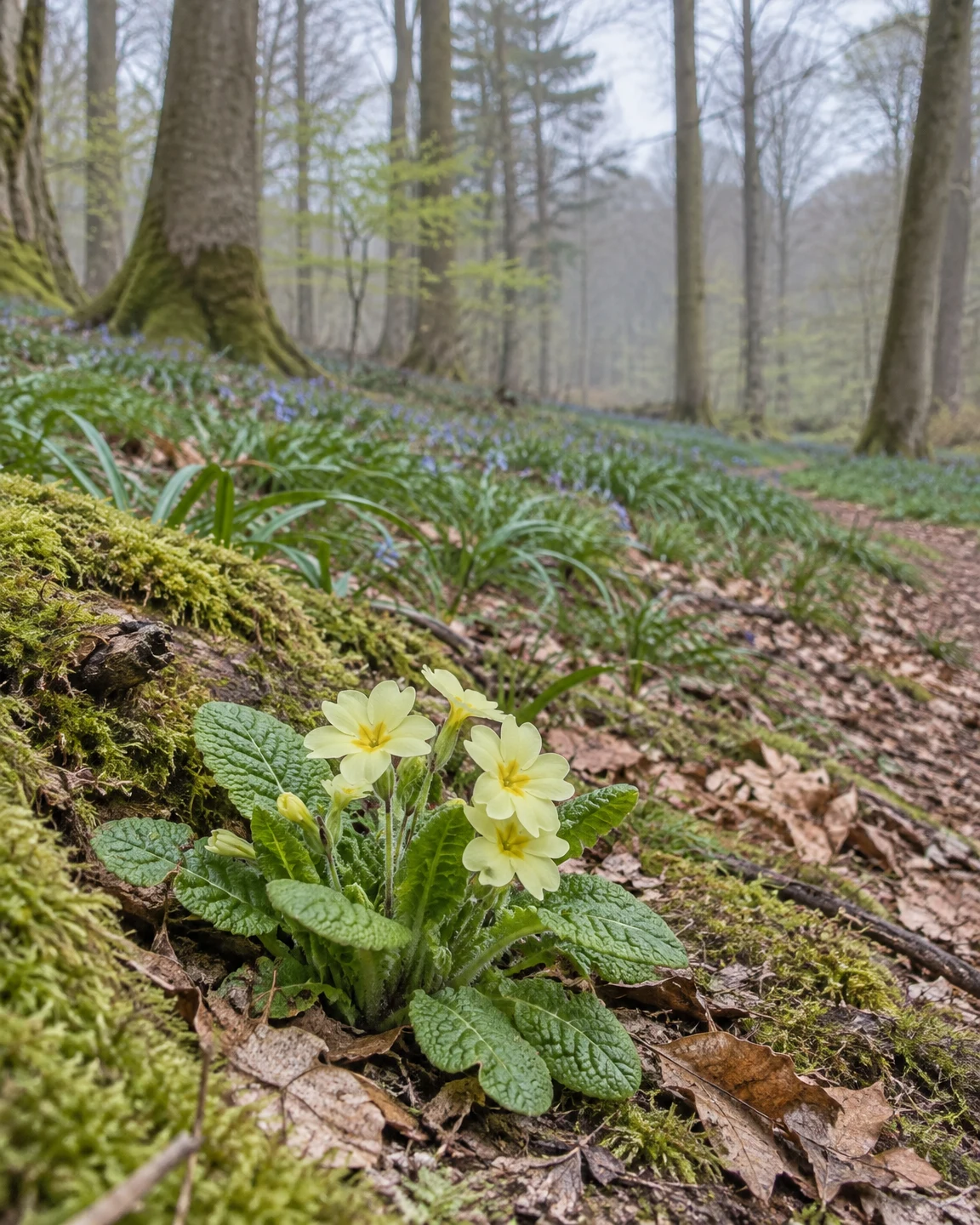 A pale yellow primrose grows among moss and fallen leaves in the foreground of a woodland, with bluebell foliage, scattered blue flowers and tree trunks fading…