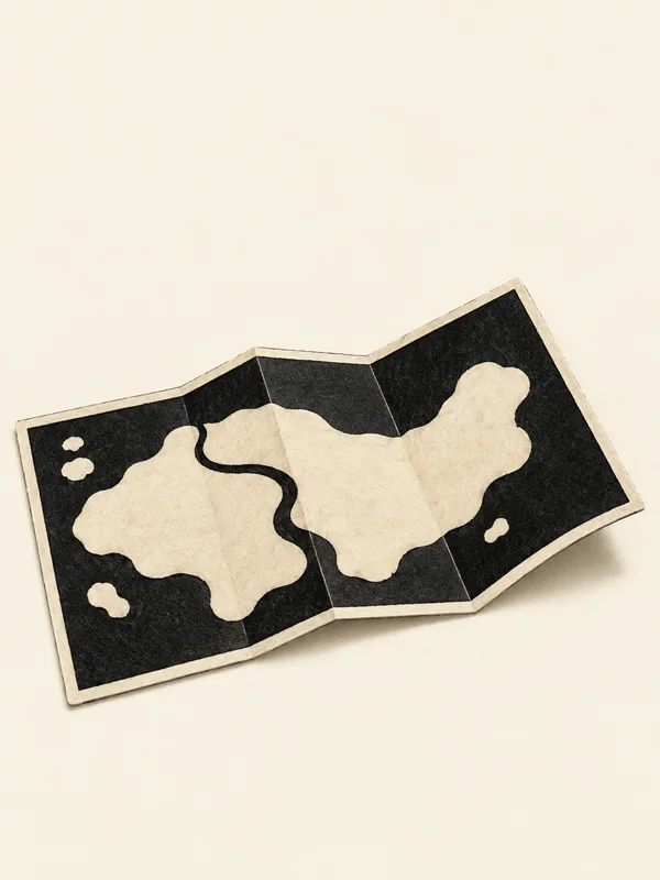 A three-panel accordion-fold map lies diagonally on a warm cream surface, with black map areas, a large cream landform, a winding dark river, and several small…