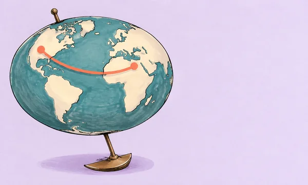 A large oval desktop globe with cream continents on teal oceans stands on a slender tilted spindle and crescent-shaped base.