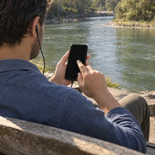 Over-the-shoulder view of an adult seated on a weathered timber bench beside a river, holding a dark-screen smartphone and touching it with one finger.