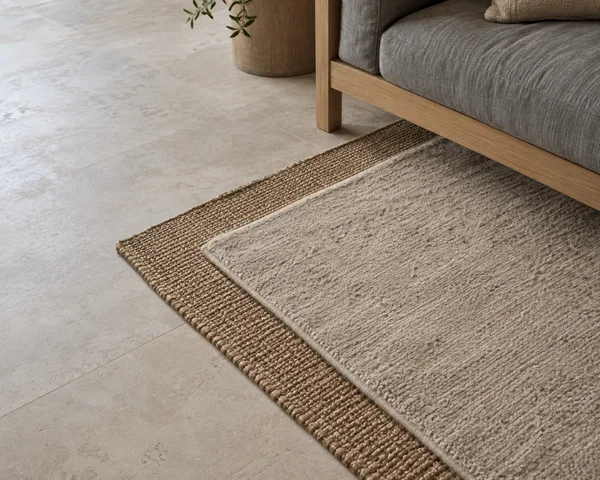 An oatmeal-colored rug overlaps a larger brown woven rug on pale stone flooring beside the lower edge of a gray upholstered oak-frame sofa; a planter and…