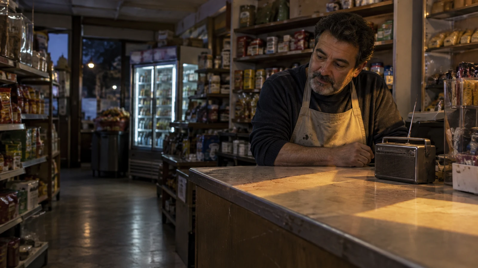 A middle-aged shopkeeper in a tan apron leans behind a worn checkout counter, looking toward a portable radio beside his forearm.