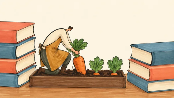 A small gardener in an ochre apron kneels in a rectangular soil bed and lifts a large orange carrot between stacks of coral and blue books on a tabletop.