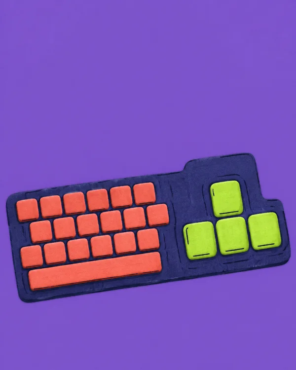 A diagonally tilted dark indigo keyboard sits across the lower half of a violet background, with rows of coral keys, a long coral spacebar, and four oversized…