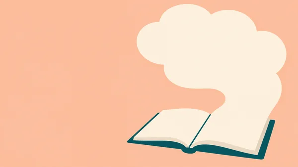 An open deep-teal notebook with cream pages sits in the lower-right of a peach background; its right page rises into a large cream cloud shape above it…