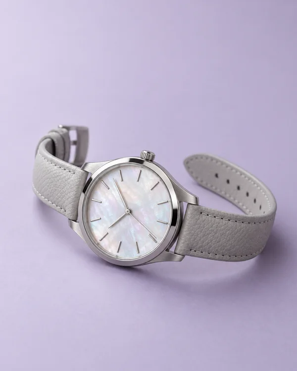 A stainless-steel wristwatch with an iridescent pale dial and light grey stitched leather strap lies diagonally on a matte lilac surface, with open space above.