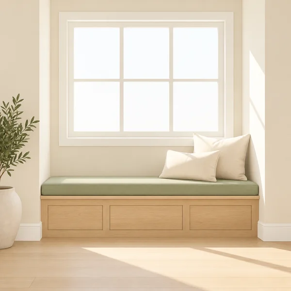 A pale oak built-in window bench with a sage cushion and two ivory pillows sits beneath a large white-framed window in a warmly lit room, with a potted plant…