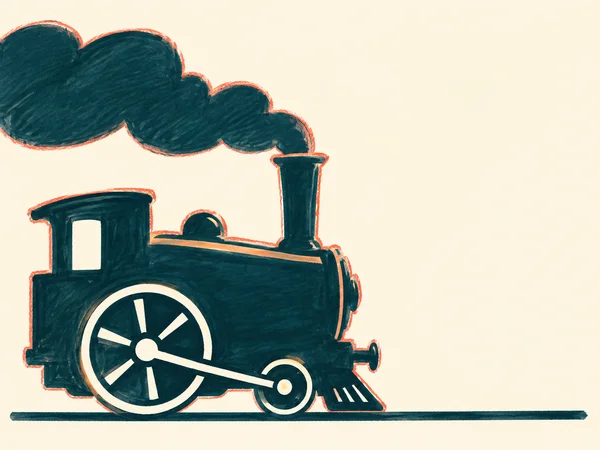A dark-teal hand-drawn steam locomotive faces right on a single rail line against a warm cream background.