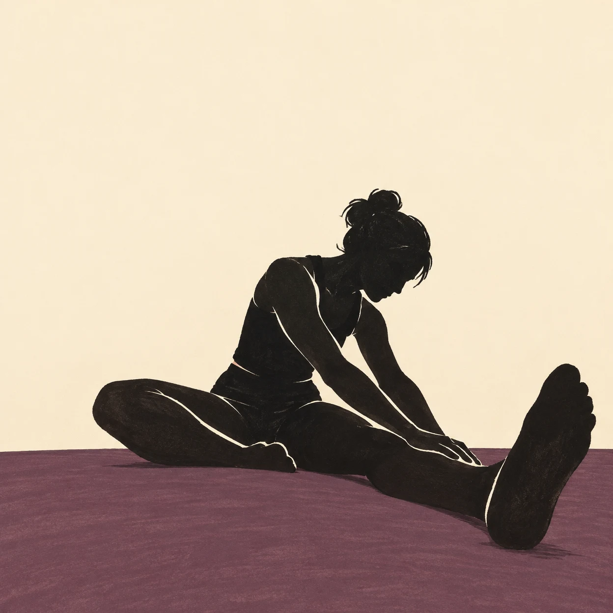 A black cut-paper-style silhouette of a person seated on a muted-plum floor, leaning forward to stretch one extended leg; the oversized foot fills the…
