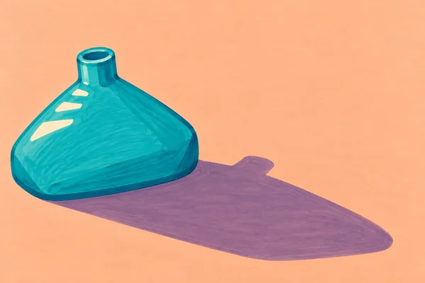 A squat turquoise flask with a small elliptical opening sits on a peach-colored surface, casting a large violet shadow diagonally toward the lower right.
