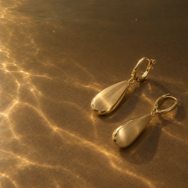 Two brushed gold teardrop earrings with hinged ear wires rest on a brown underwater floor, lit by warm rippling caustics with open space above and to the left.