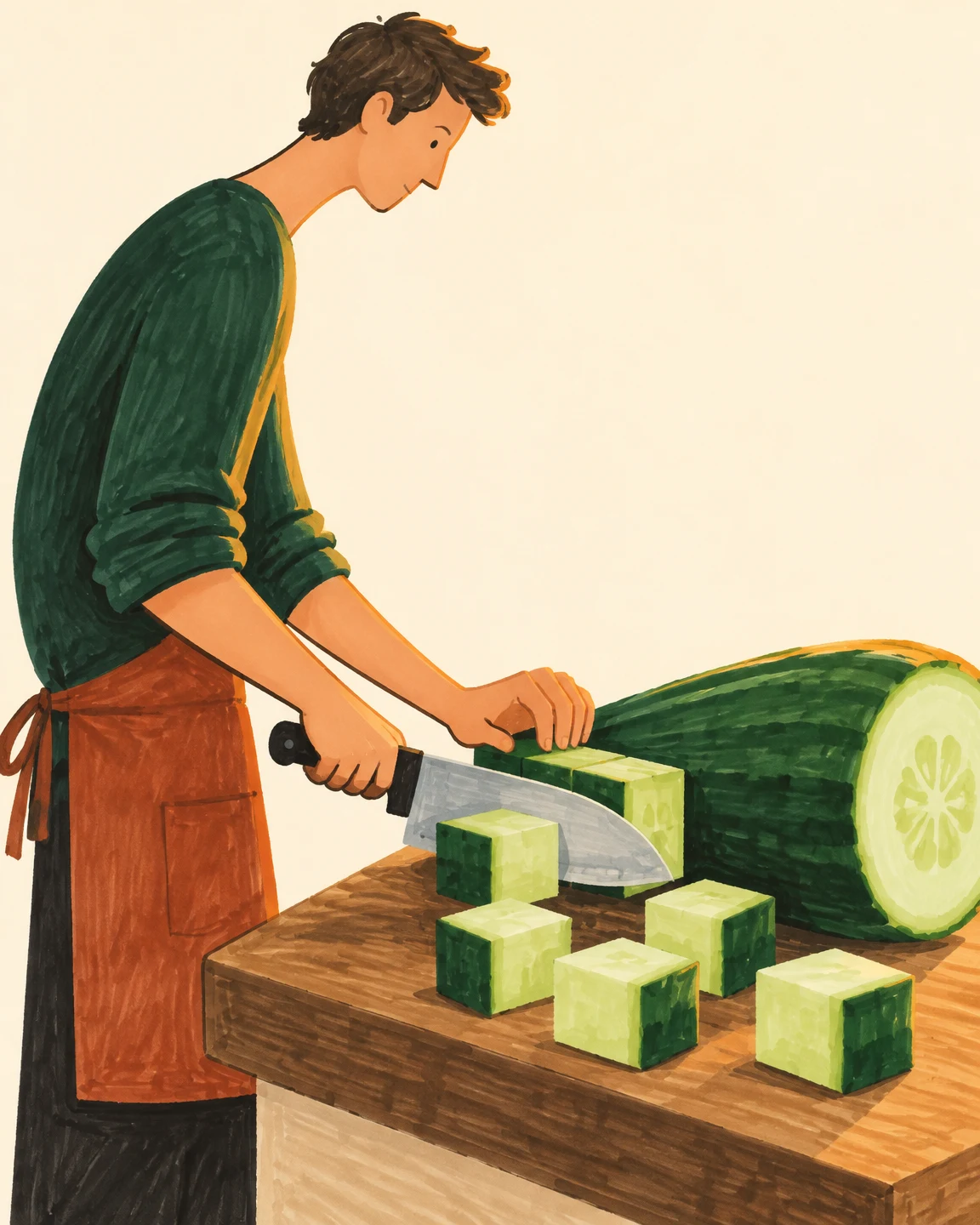 A hand-drawn marker illustration shows a cook in right-facing profile slicing an oversized cucumber on a thick wooden cutting board, with pale-green cubes…