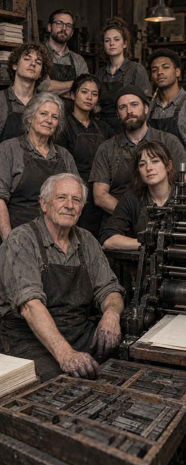 A group of workers pose in close rows in a dim print workshop, with an older man seated in the foreground beside a letterpress and trays of metal type.