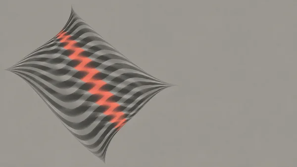 A large, pointed patch of undulating charcoal and grey bands crosses a warm-grey background, with a bright coral zigzag running diagonally through it and open…