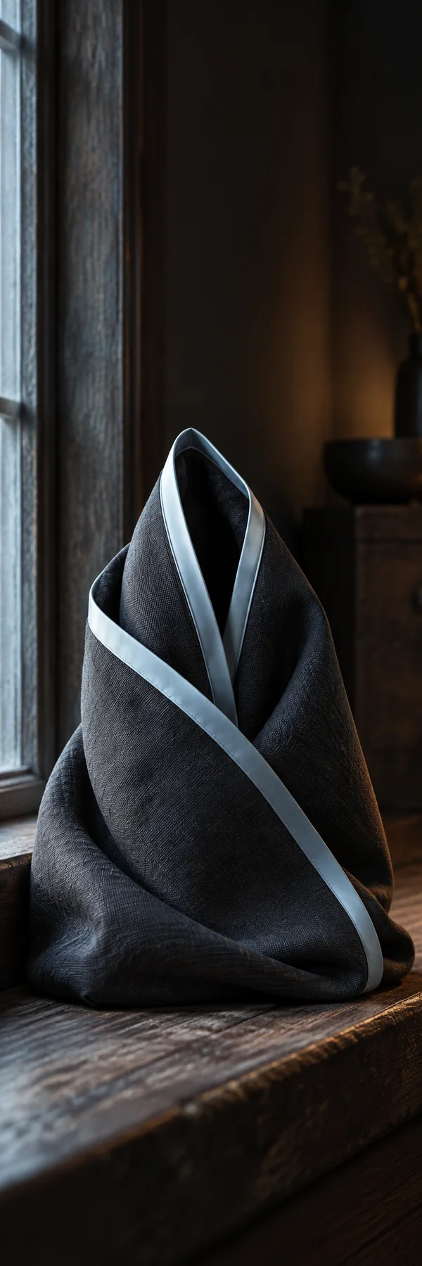 A tapered bundle of charcoal fabric with pale cyan satin edging sits on a weathered timber window sill, lit by cool daylight from the left and warm light in a…