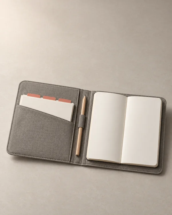 An open stone-grey woven folio sits on a warm stone surface, holding ivory cards with coral tabs on the left, a sharpened pencil in its central loop, and an…