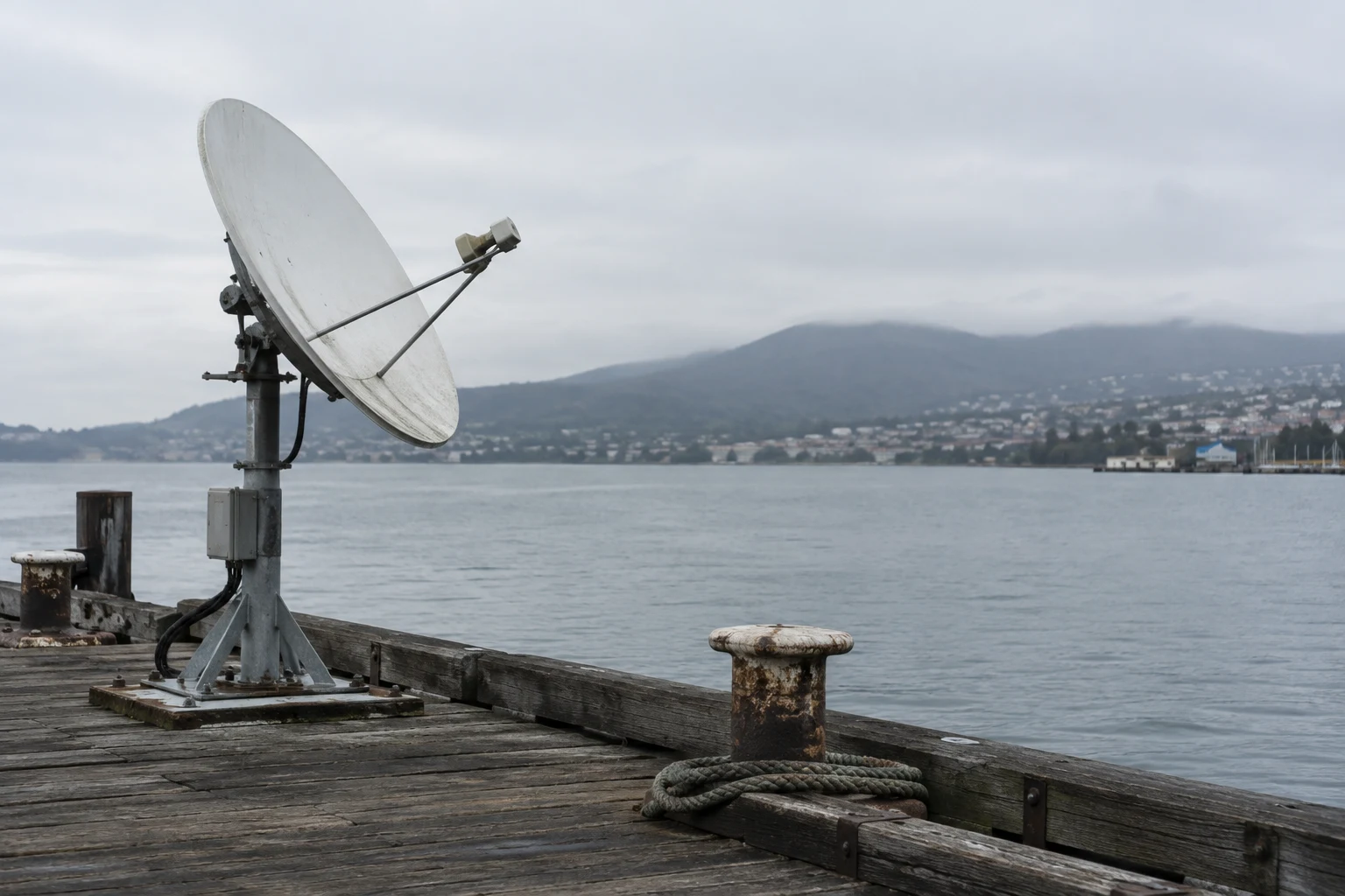 A weathered white satellite dish stands on a steel post at the edge of a timber wharf, with bollards and coiled rope in the foreground.