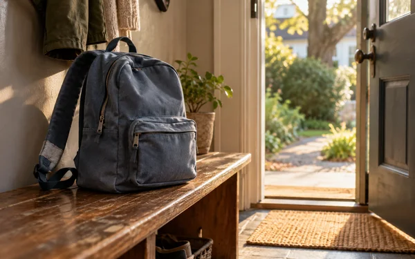 A slate-blue canvas backpack with a light fabric repair on one shoulder strap stands on a worn wooden entryway bench beside an open front door.