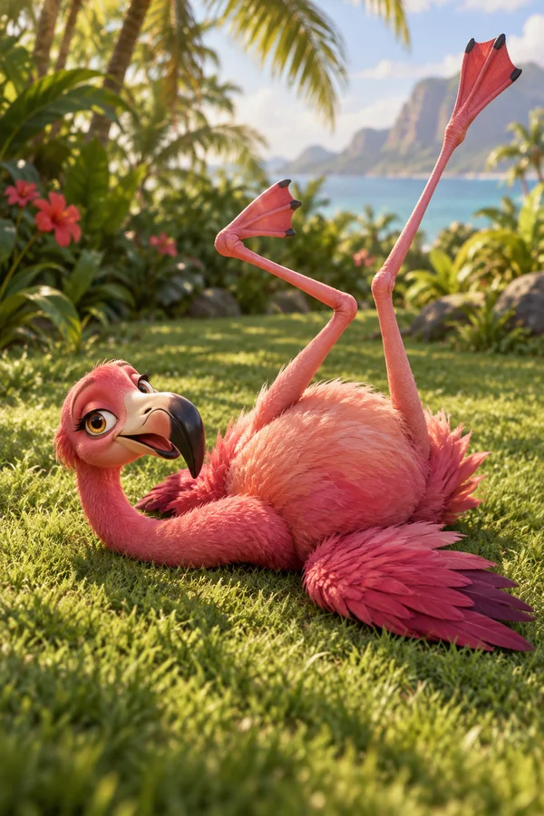 A fluffy pink flamingo reclines on its back on a tropical lawn, raising its long legs and separated webbed feet overhead; palm foliage, flowers, water and…
