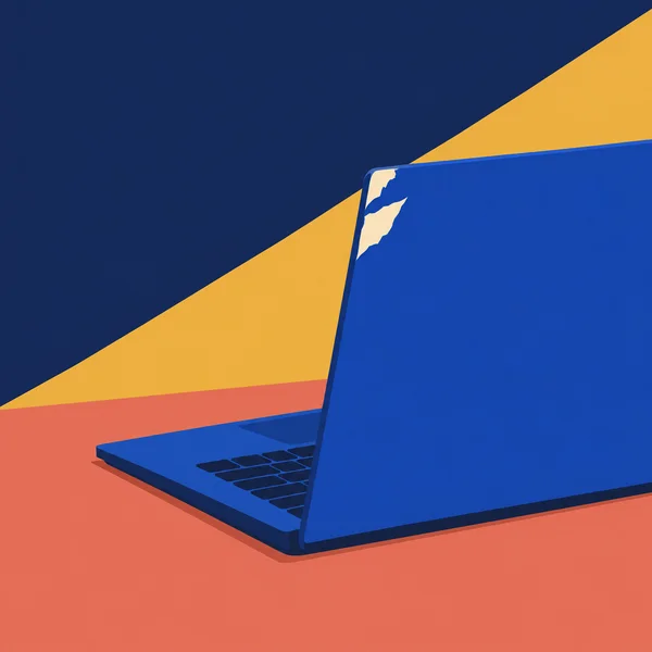 A cobalt laptop sits open on a coral desktop, viewed from above and behind, with its keyboard and hinge visible.