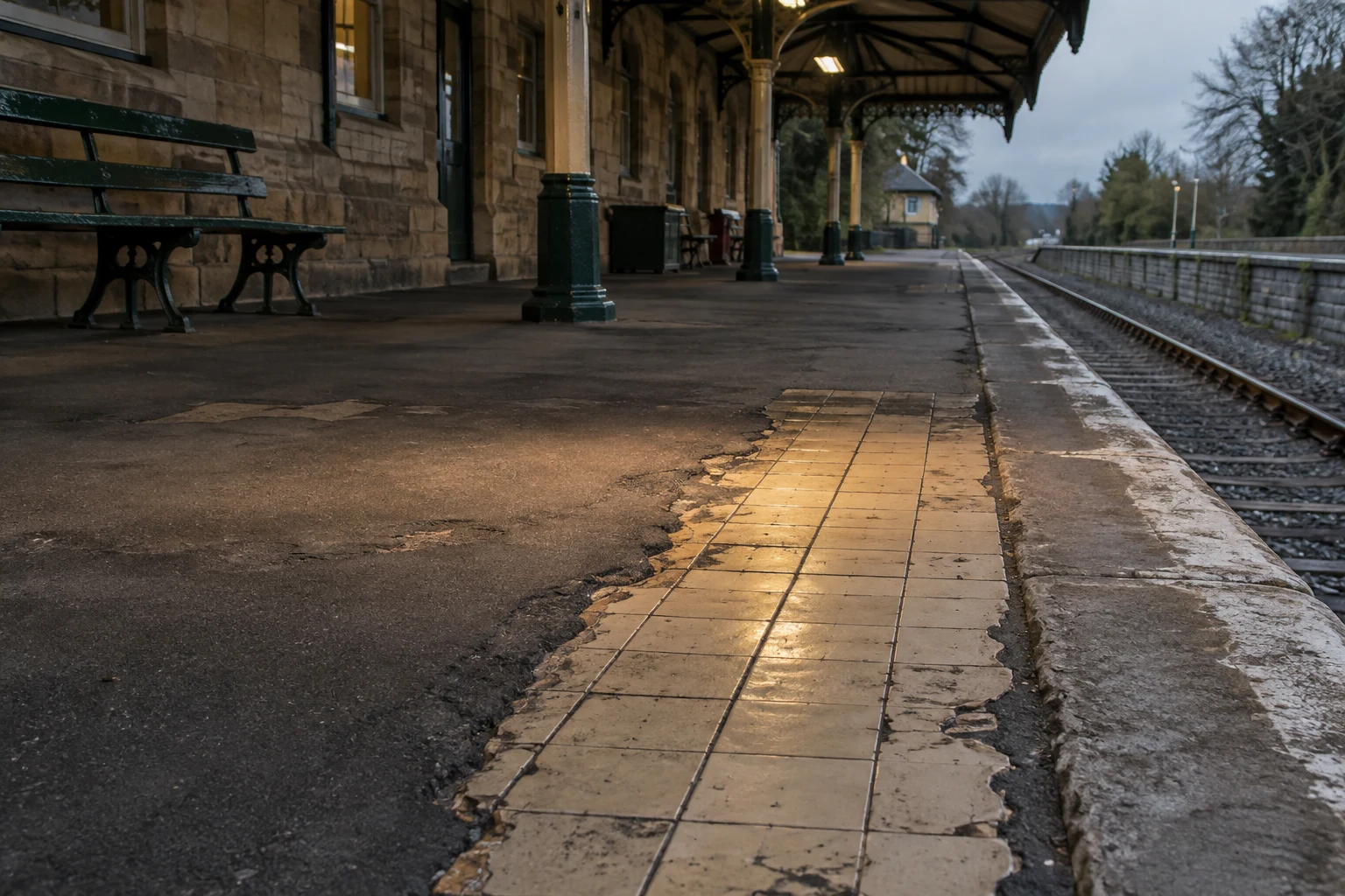 An empty heritage railway platform beneath a stone-and-iron canopy, with a worn strip of cream floor tiles exposed through dark asphalt beside the track.