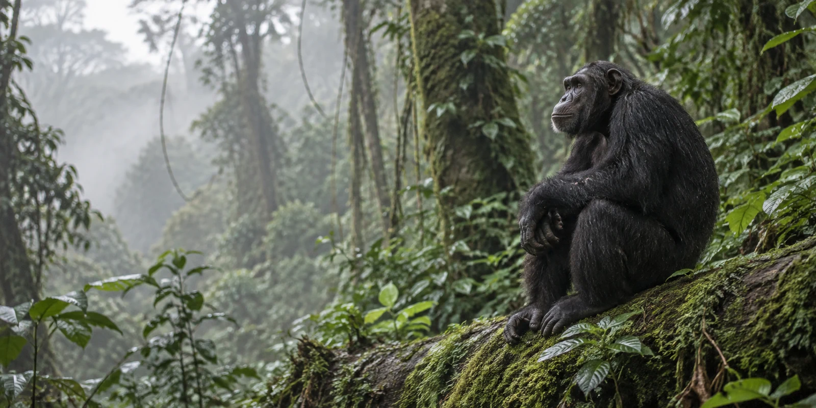 An adult chimpanzee sits on a moss-covered fallen log in dense rainforest, looking up and to the left as pale mist fades into layered foliage.