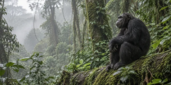 An adult chimpanzee sits on a moss-covered fallen log in dense rainforest, looking up and to the left as pale mist fades into layered foliage.