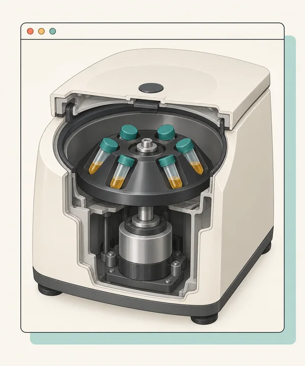 A cutaway benchtop laboratory centrifuge with a six-tube rotor, central spindle and motor, shown inside a browser-style window on a warm off-white background.