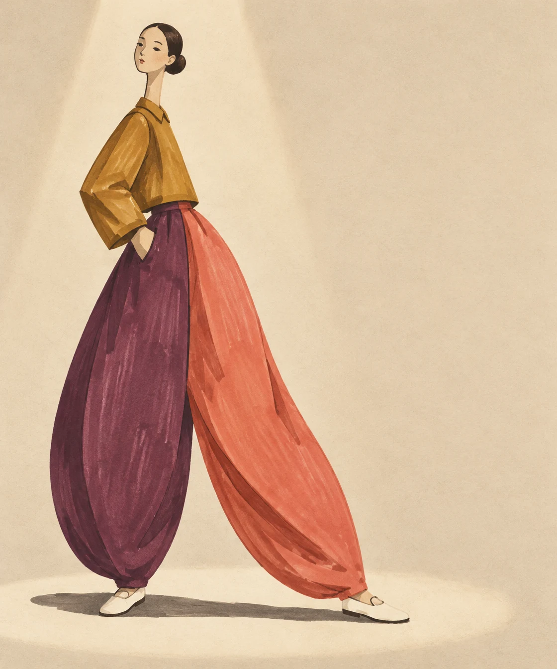 A hand-drawn fashion illustration of a model in an ochre cropped jacket, voluminous plum and coral trousers, and ivory shoes, standing against a warm cream…