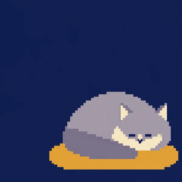 A large lavender-grey pixel-art cat with a cream muzzle and closed dark eyes sits on a broad amber cushion against a midnight-blue background, with empty space…