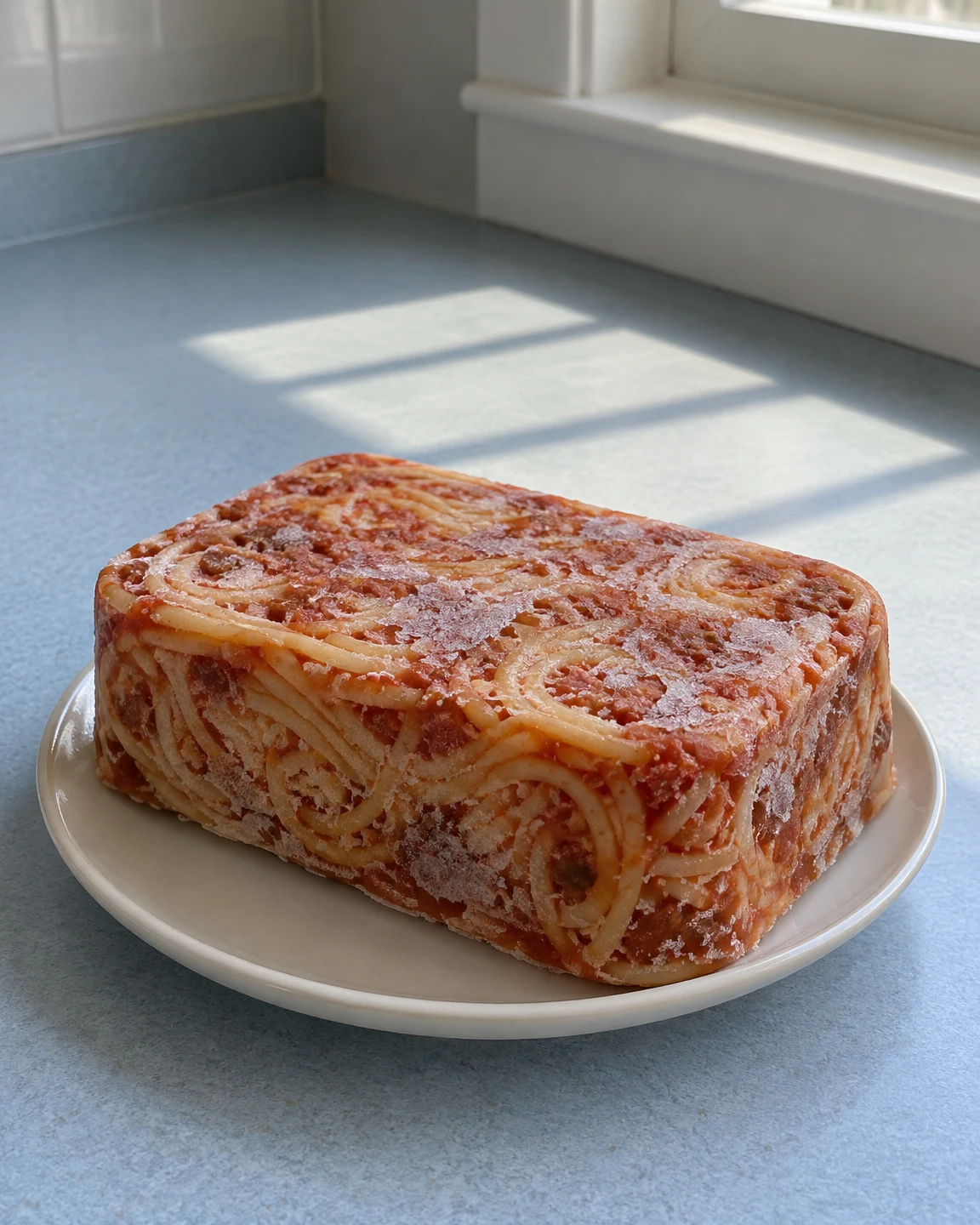 A rectangular, frost-covered block of spaghetti in tomato sauce sits on a small off-white plate on a pale-blue kitchen counter, with sunlight casting a…