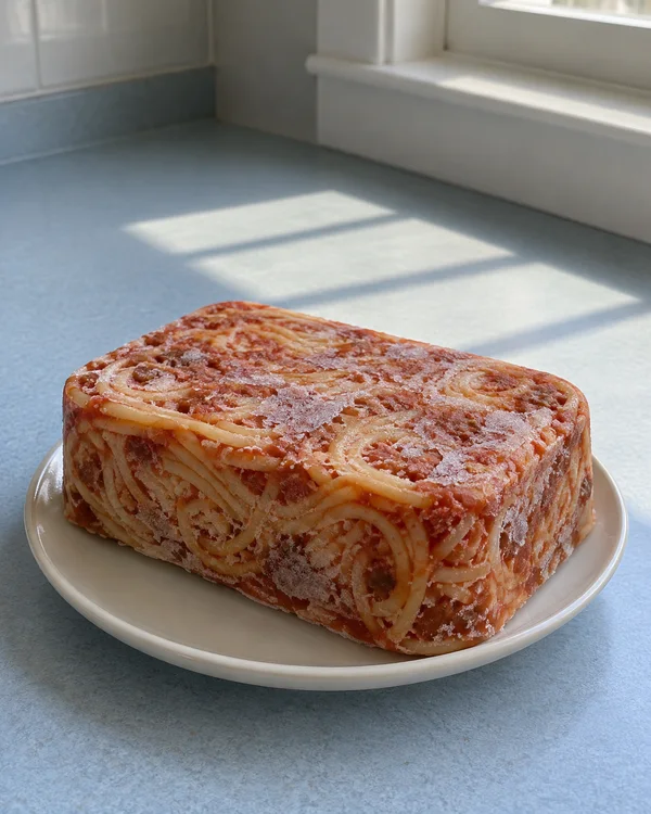 A rectangular, frost-covered block of spaghetti in tomato sauce sits on a small off-white plate on a pale-blue kitchen counter, with sunlight casting a…