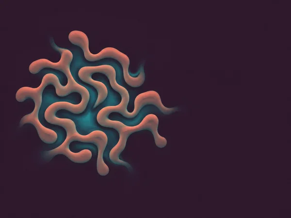 A coral-edged, teal-lit branching maze of rounded bands sits left of centre on a deep aubergine field, with broad uninterrupted space to the right.