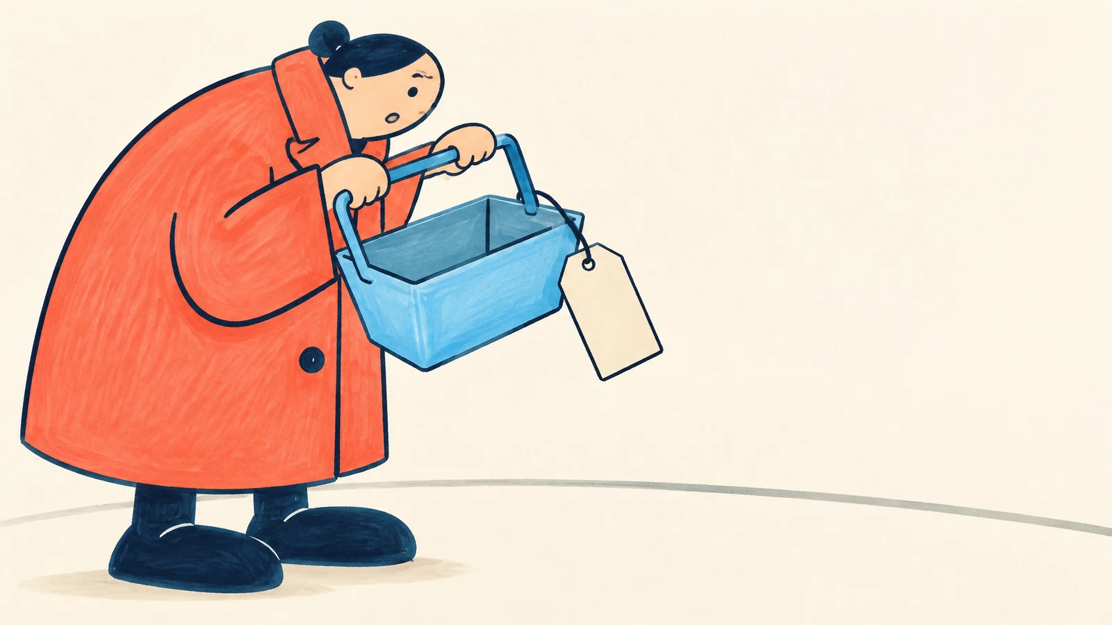 A hand-drawn figure in an oversized coral coat and navy shoes leans over a pale-blue shopping basket, with a blank clipped-corner tag hanging from its handle…