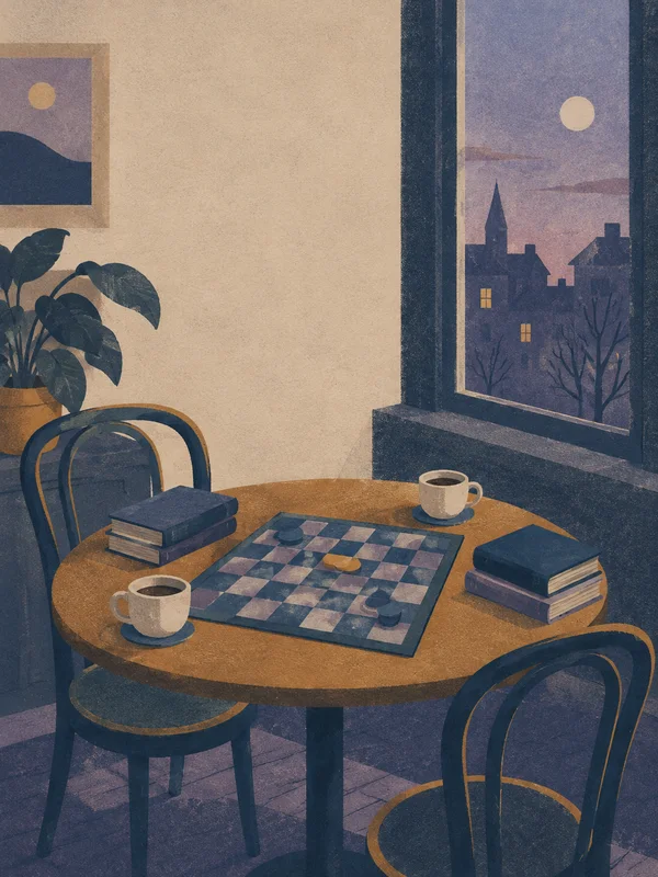 A round ochre café table holds a checked board with three round counters, two coffee cups and two stacks of closed books, between two curved-back chairs.